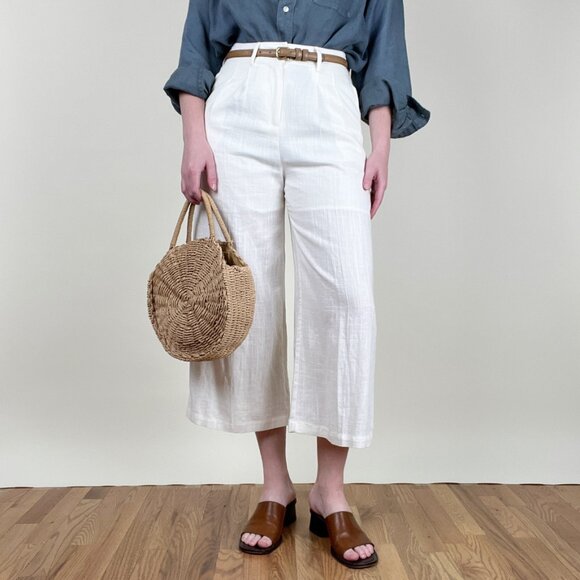 Linen Wide Leg Cropped Trouser Pants High Waisted Old Money Quiet Luxury Coastal - Picture 9 of 9